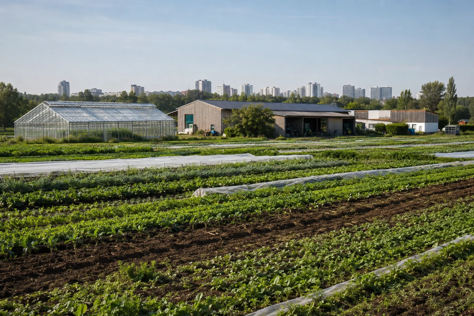 Gemüsebaufläche mit Gewächshaus und landwirtschaftlichen Gebäuden am Berliner Stadtrand